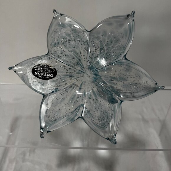 Murano Style Art Glass Hand Blown Stargazer Pale Blue Lily Flower Metallic Silve - Picture 4 of 13